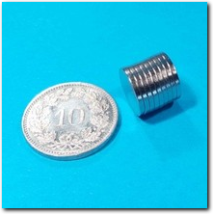 Flache Neodym Scheiben Magneten. Durchmesser 10 mm, Höhe 1 mm.